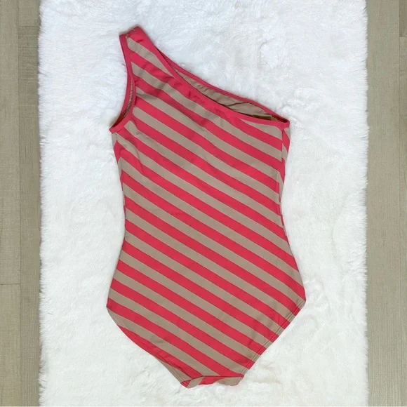 DKNY 8 One Shoulder Striped One Piece Swimsuit • Coral Nude Stripe • D63313 - Picture 3 of 10